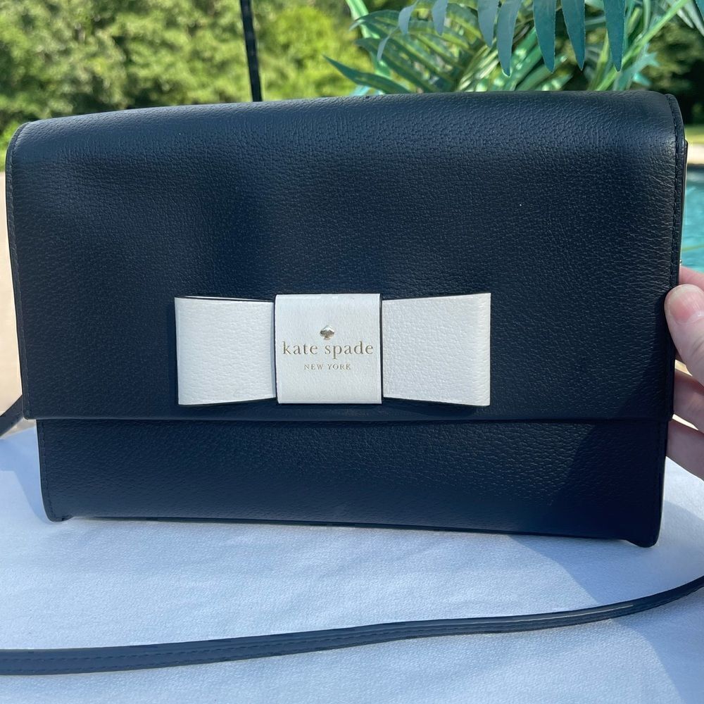 Kate Spade Kirk Park Saffiano Veronique Alek Crossbody Bow Black Beige Bow
